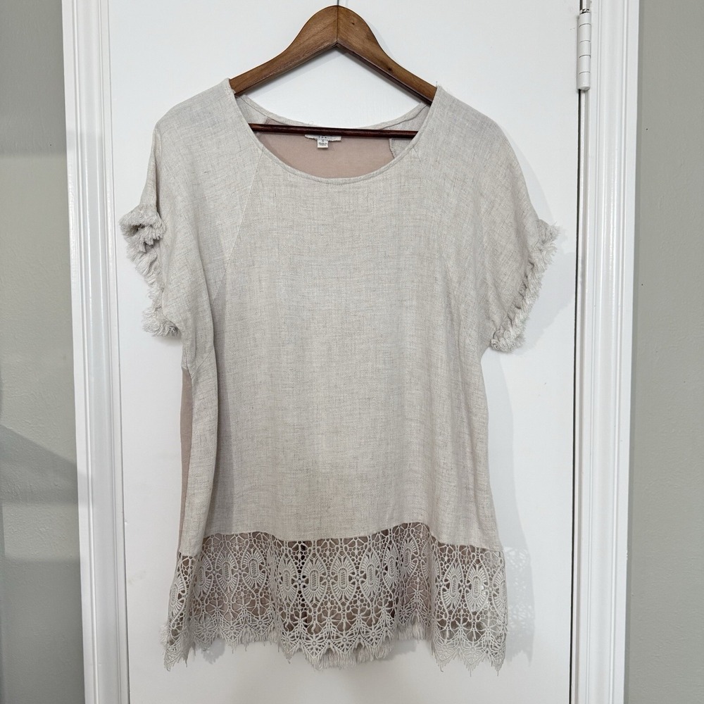 Umgee S Linen Cotton Tunic Top Crochet Lace Fringe Oversized Boho Lagenlook